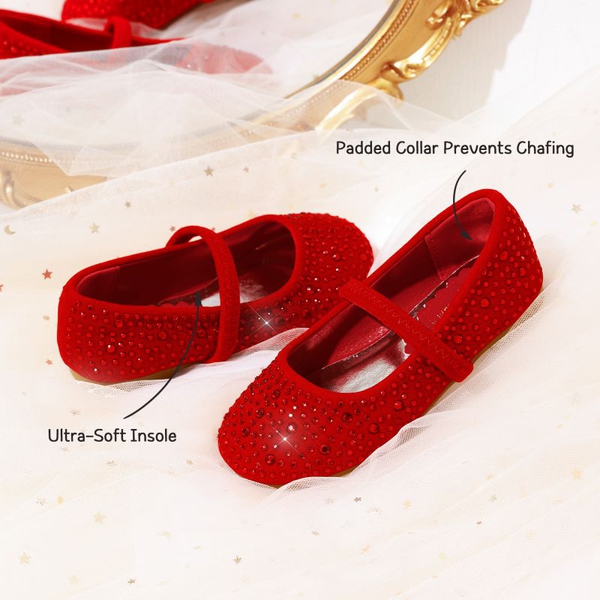 Girl's Rhinestone Ballet Flats - RED SUEDE - 3